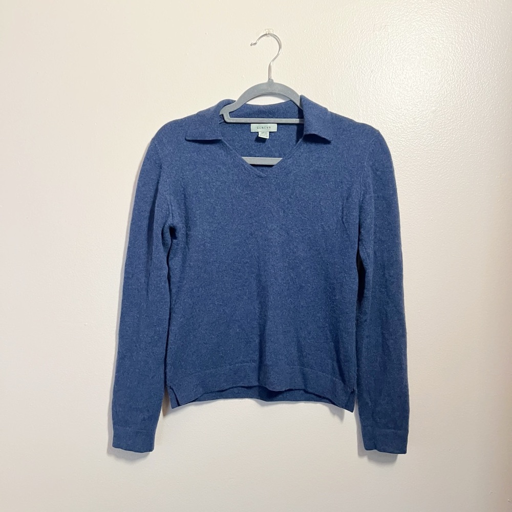 Geneva Cashmere Collared V-Neck Pullover Blue Size Small